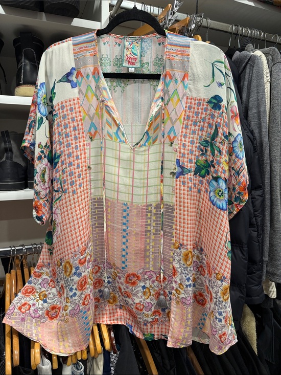 Johnny Was Tops - Johnny Was Pink Floral Patchwork V-Neck Tunic SIZE L